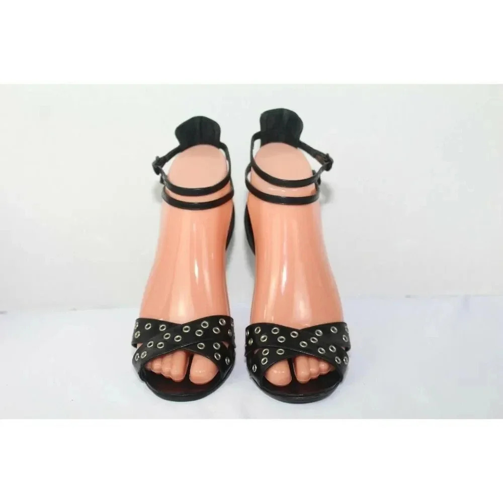 Manolo Blahnik Sz 7.5 37.5 Women Calf Black Leather Heels Carolyne Sling back